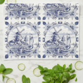 ヴィンテージシクラシックックオランダウィンドミルデルフトブルー キッチンタオル (折り畳み)