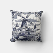 ヴィンテージシクラシックックオランダウィンドミルデルフトブルー クッション (正面)