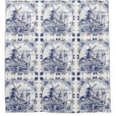 ヴィンテージシクラシックックオランダウィンドミルデルフトブルー シャワーカーテン (正面)