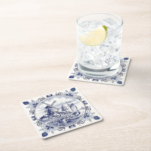 ヴィンテージシクラシックックオランダウィンドミルデルフトブルー スクエアペーパーコースター (インサイチュ)