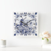ヴィンテージシクラシックックオランダウィンドミルデルフトブルー スクエア壁時計 (ホーム)