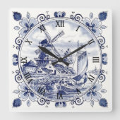 ヴィンテージシクラシックックオランダウィンドミルデルフトブルー スクエア壁時計 (正面)