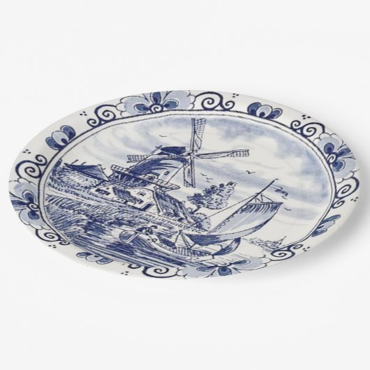 ヴィンテージシクラシックックオランダウィンドミルデルフトブルー ペーパープレート (アングル)