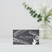 ヴィンテージシザーコームヘアドライヤー美容師ダーク 名刺 (スタンド正面)