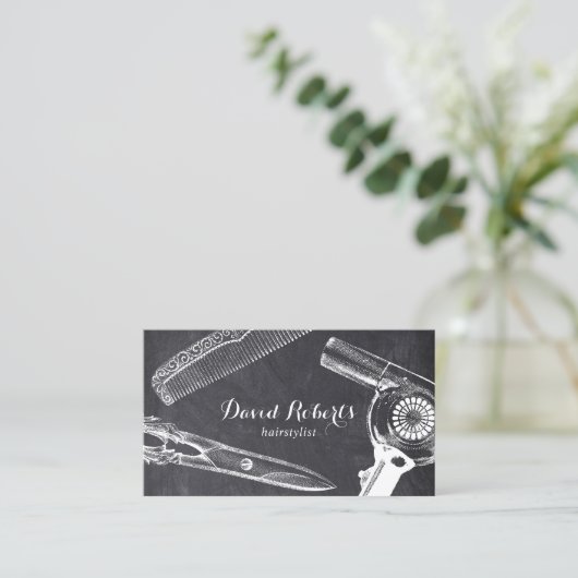 ヴィンテージシザーコームヘアドライヤー美容師ダーク 名刺 (スタンド正面)