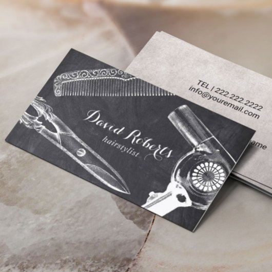 ヴィンテージシザーコームヘアドライヤー美容師ダーク 名刺