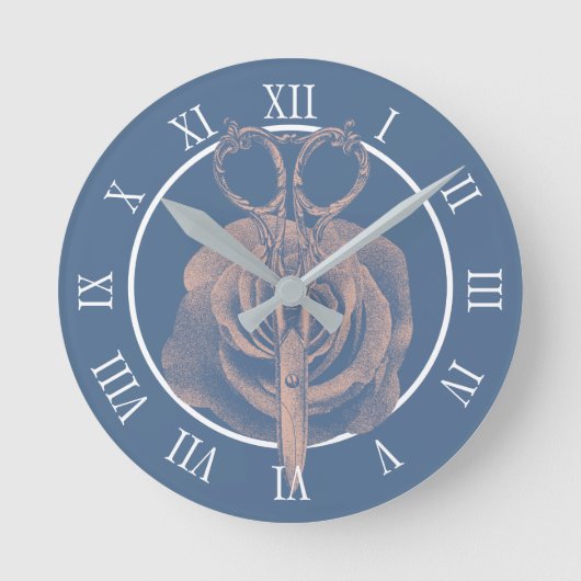 ヴィンテージシザー&バラフラワーダスティブルーサロン ラウンド壁時計 (正面)