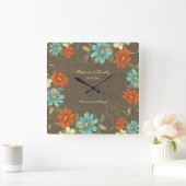 ヴィンテージシックなアクアオレンジクリーム結婚フローラ スクエア壁時計 (ホーム)