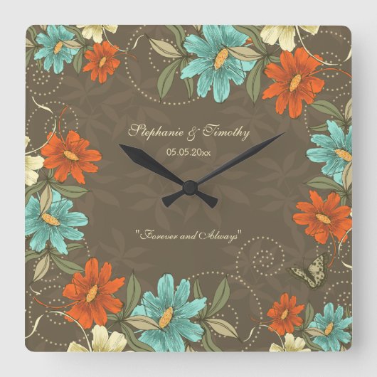 ヴィンテージシックなアクアオレンジクリーム結婚フローラ スクエア壁時計 (正面)