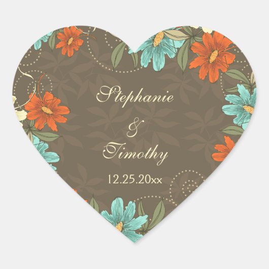 ヴィンテージシックなアクアオレンジクリーム結婚式用シール ハートシール (正面)