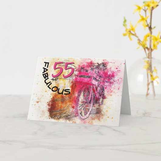 ヴィンテージシックなウォーターカラーピンク自転車誕生日 カード (黄色い花)