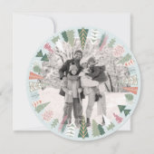 ヴィンテージシックなクリスマスツリーフォトブルーピンクラウンド シーズンカード (正面)