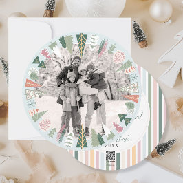 ヴィンテージシックなクリスマスツリーフォトブルーピンクラウンド シーズンカード