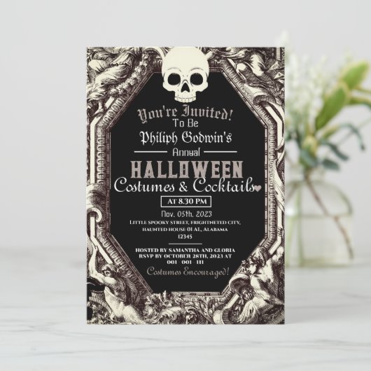 ヴィンテージシックなゴシック様式のダークハロウィーンの衣装パーティー 招待状 (スタンド正面)