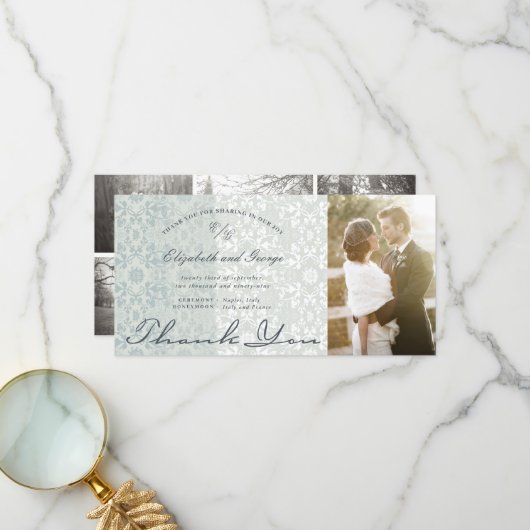 ヴィンテージシックなダマスクレースパウダーブルーフォト結婚ズ サンキューカード (正面/裏面インサイチュ)