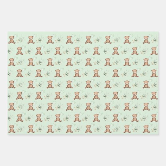 ヴィンテージシックなテディベアとバルーングリーン金ゴールド ラッピングペーパーシート (正面3)