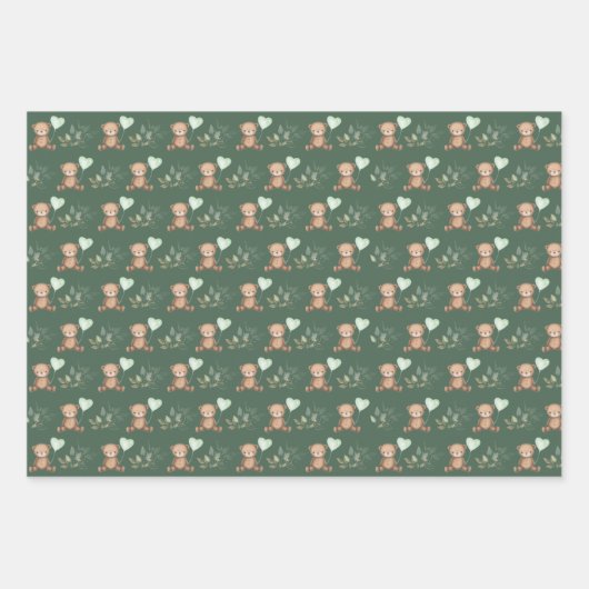 ヴィンテージシックなテディベアとバルーングリーン金ゴールド ラッピングペーパーシート (正面2)