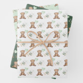 ヴィンテージシックなテディベアとバルーングリーン金ゴールド ラッピングペーパーシート (インサイチュ)