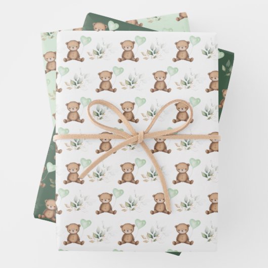 ヴィンテージシックなテディベアとバルーングリーン金ゴールド ラッピングペーパーシート (インサイチュ)