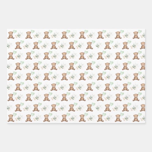 ヴィンテージシックなテディベアとバルーングリーン金ゴールド ラッピングペーパーシート (正面)