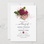 ヴィンテージシックなピンクとブルゴーニュのフローラ 招待状 (正面)