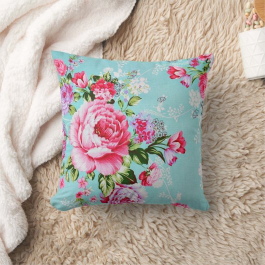 ヴィンテージシックなピンクの花フローラ装飾枕 クッション (ブランケット)