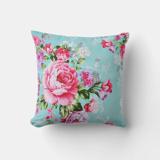 ヴィンテージシックなピンクの花フローラ装飾枕 クッション (正面)