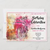 ヴィンテージシックなピンクウォーターカラー自転車誕生日 招待状 (正面)