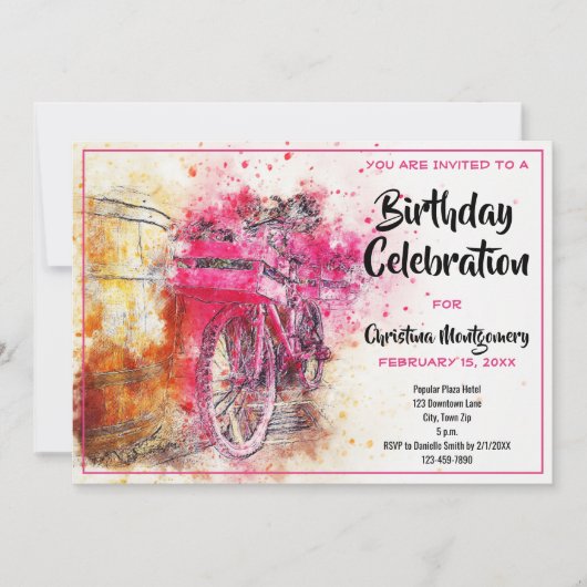 ヴィンテージシックなピンクウォーターカラー自転車誕生日 招待状 (正面)