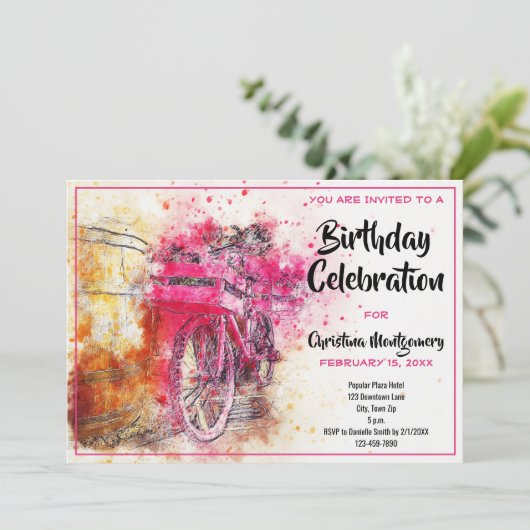 ヴィンテージシックなピンクウォーターカラー自転車誕生日 招待状 (スタンド正面)