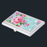 ヴィンテージシックなピンクフローラ 名刺入れ<br><div class="desc">ターコイズブルーの背景ヴィンテージの花のパターはっきりしたンの名刺のホルダーにスタイリッシュ、驚くほど美しいシックなフローラ鮮やかな薄紫とピンクの春の花がセットガーリーされています</div>