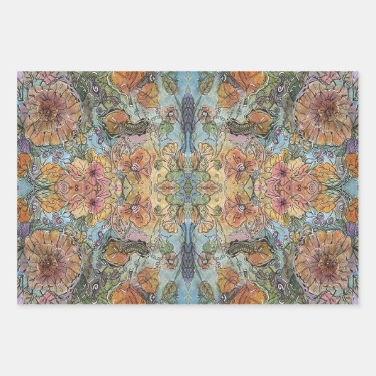 ヴィンテージシックなフラワーガーデンウォーター絵画カラー ラッピングペーパーシート (正面2)