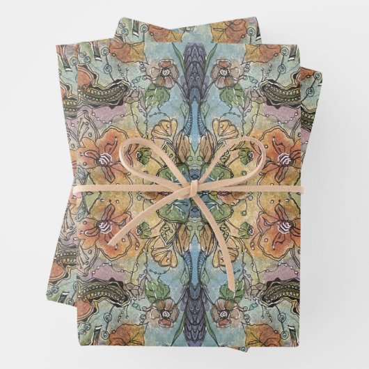 ヴィンテージシックなフラワーガーデンウォーター絵画カラー ラッピングペーパーシート (インサイチュ)