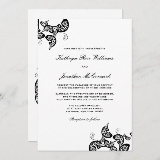 ヴィンテージシックなフローラブラックピーコックウェディング招待 招待状 (正面/裏面)