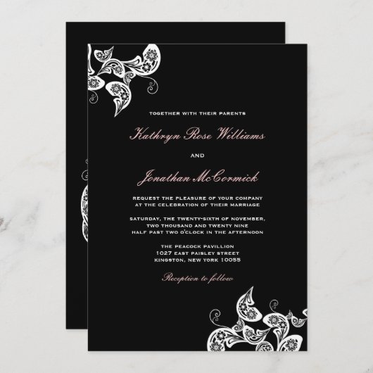 ヴィンテージシックなフローラホワイトピーコックウェディング招待 招待状 (正面/裏面)