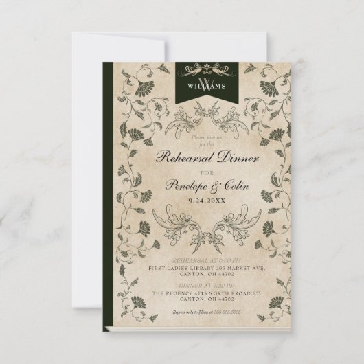 ヴィンテージシックなブックカバー結婚のリハーサルディナー 招待状 (正面)