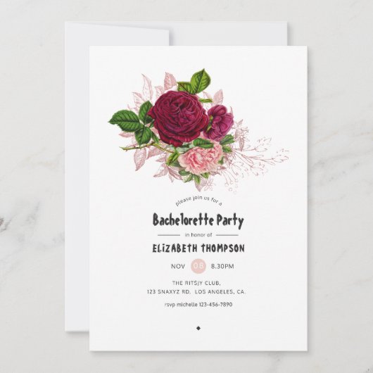 ヴィンテージシックなブルゴーニュとピンクバチェロレッテ 招待状 (正面)