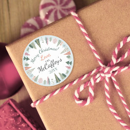 ヴィンテージシックなメリークリスマスツリーズブルー&グリーン ラウンドシール