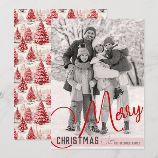 ヴィンテージシックな赤とピンクのクリスマスツリーワンフォト シーズンカード (正面/裏面)
