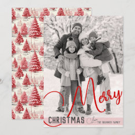 ヴィンテージシックな赤とピンクのクリスマスツリーワンフォト シーズンカード