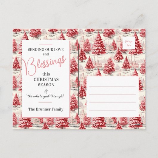 ヴィンテージシックな赤とピンクのクリスマスツリーワンフォト シーズンポストカード (裏面)