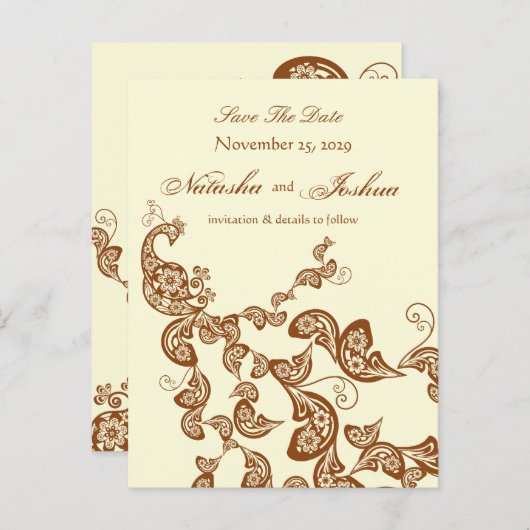 ヴィンテージシックエレガントフローラ孔雀の日付を保存 案内ポストカード (正面/裏面)