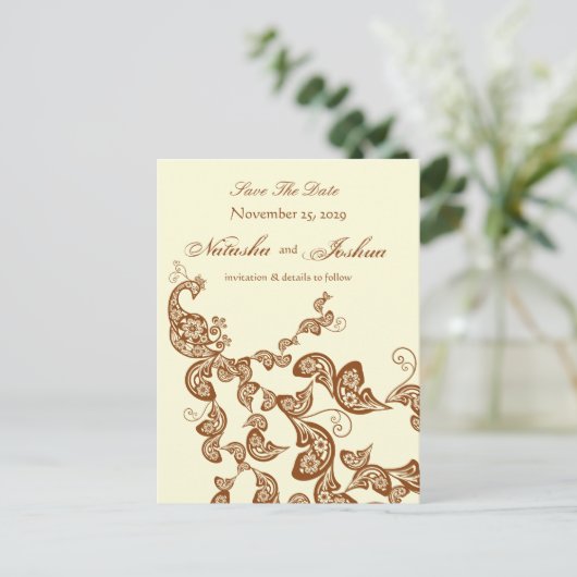 ヴィンテージシックエレガントフローラ孔雀の日付を保存 案内ポストカード (スタンド正面)