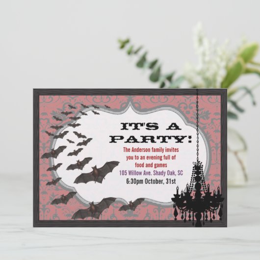 ヴィンテージシックシャンデリアダマスクハローウィンパーティ 招待状 (スタンド正面)