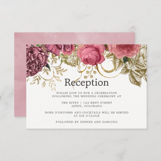ヴィンテージシックバラ金ゴールドと赤面ウェディングレセプション 招待状 (正面/裏面)