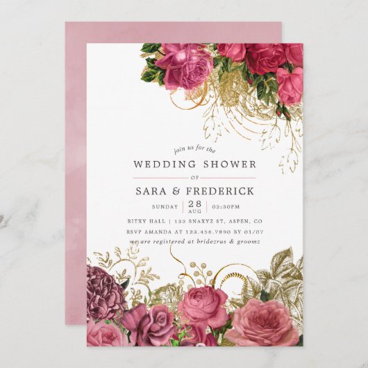 ヴィンテージシックバラ金ゴールド及び赤面ウェディングシャワー 招待状 (正面/裏面)