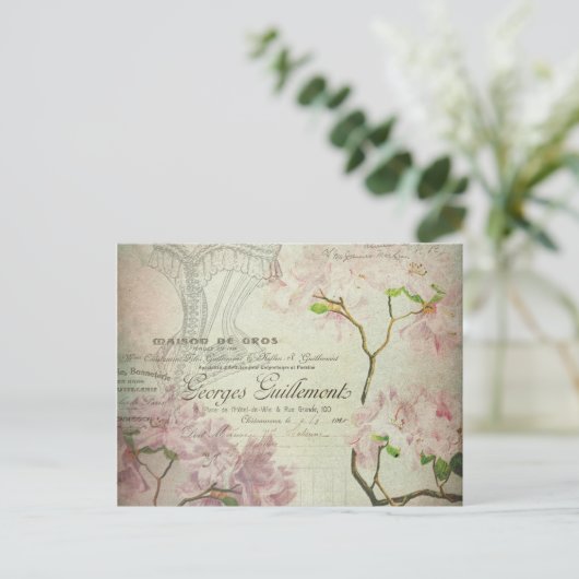 ヴィンテージシックフランスのスクリプトみすぼらしい花コルセット ポストカード (スタンド正面)