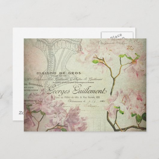 ヴィンテージシックフランスのスクリプトみすぼらしい花コルセット ポストカード (正面/裏面)