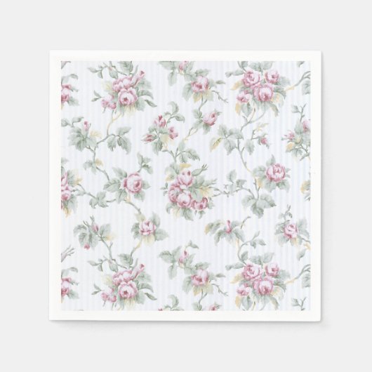 ヴィンテージシックフランスのバラとストライプ スタンダードカクテルナプキン (正面)