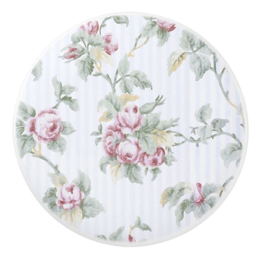 ヴィンテージシックフランスのバラとストライプ セラミックノブ (正面)